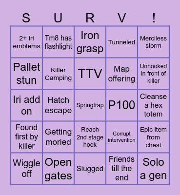 Dead by daylight Bingo Card