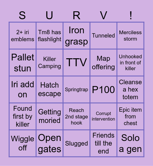 Dead by daylight Bingo Card