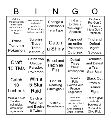 Pokemon Scarlet and Violet Bingo Race Bingo Card