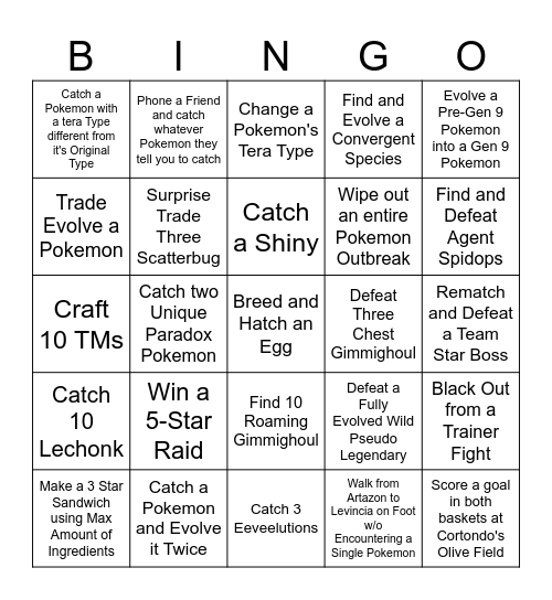 Pokemon Scarlet and Violet Bingo Race Bingo Card