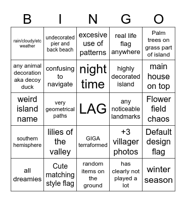 Animal Crossing Dream BINGO Card