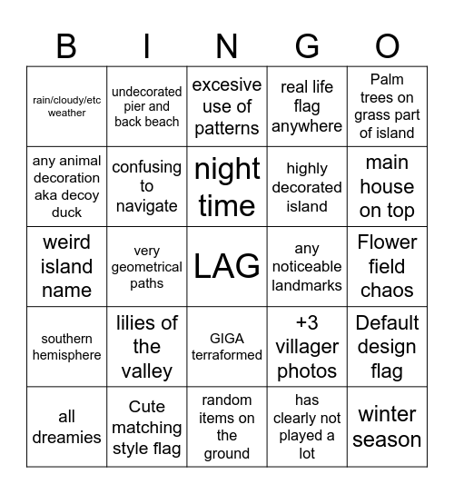 Animal Crossing Dream BINGO Card