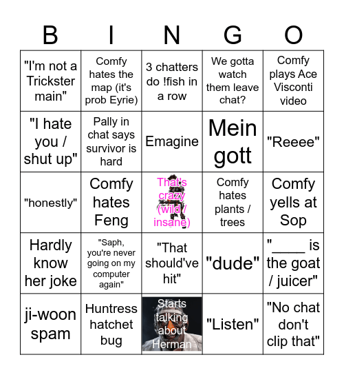 ComfyCheeks Stream Bingo Card