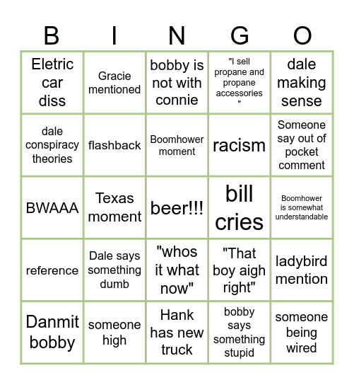 King of the hill Bingo Card