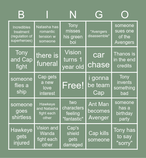 Captain America: Civil War Bingo Card