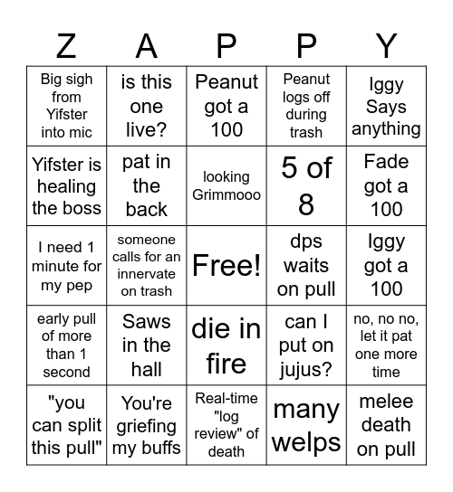 ZAPDOS Bingo Card