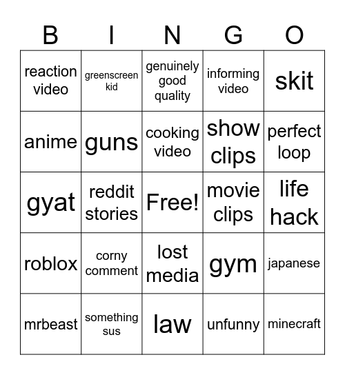 youtube shorts bingo Card