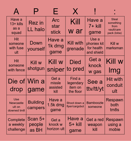 Apex legends Bingo Card