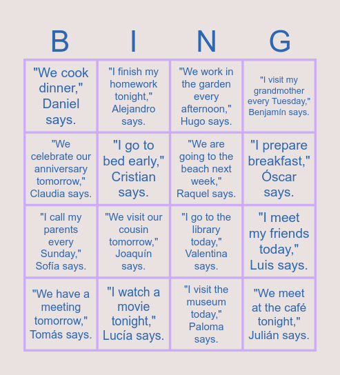 Reported Speech Bingo Card