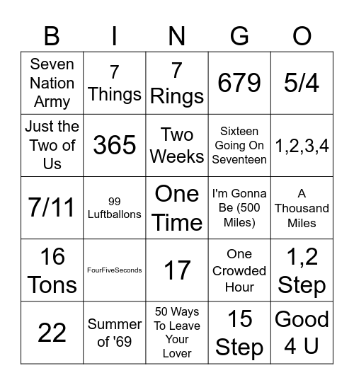 Songs with Numbers Bingo Card