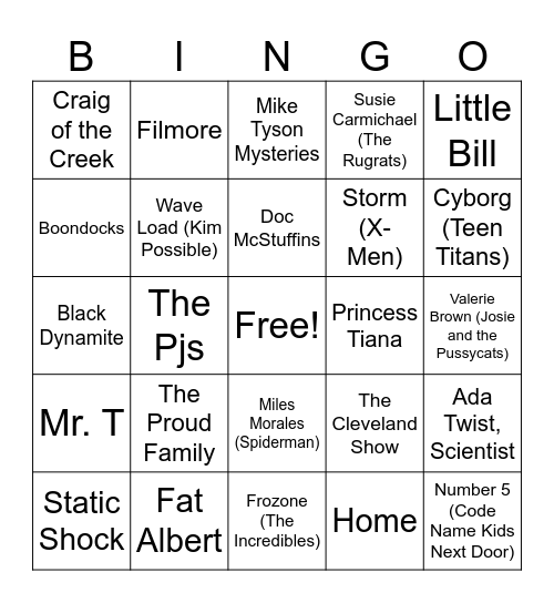 Cartoons Bingo Card
