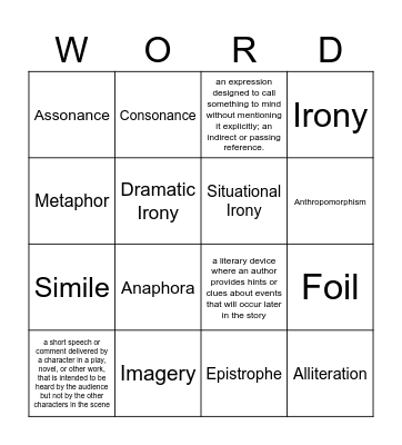 Literature Vocabulary Bingo Card