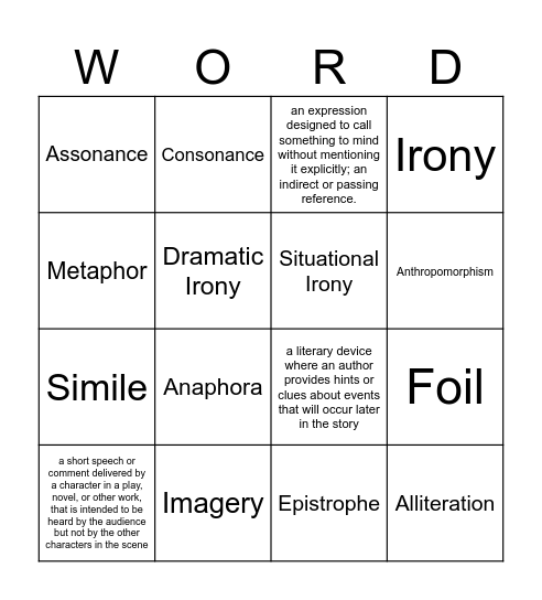 Literature Vocabulary Bingo Card