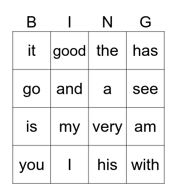Sight Words Bingo Card