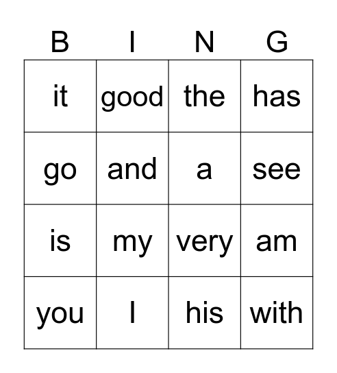 Sight Words Bingo Card