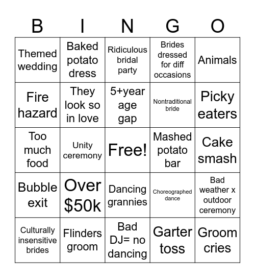 Rollins Updated 4 Weddings Card Bingo Card
