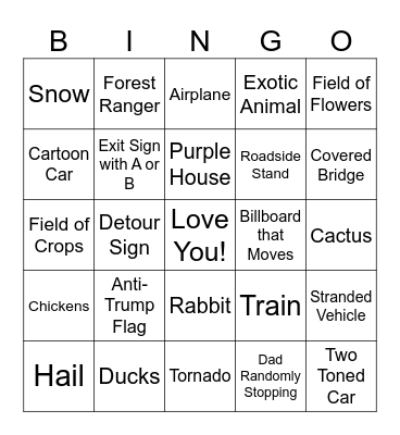 Watkins Family Trip Bingo Card