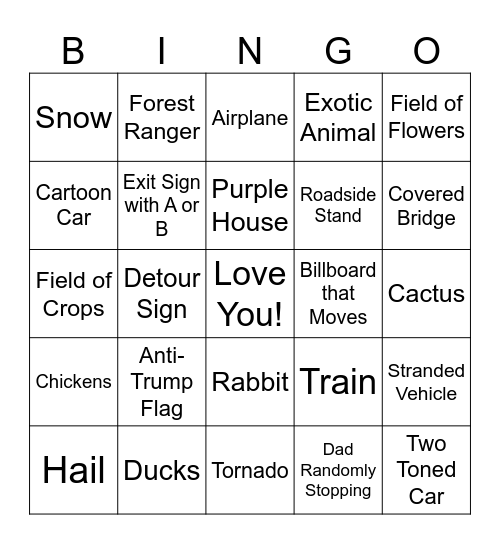 Watkins Family Trip Bingo Card