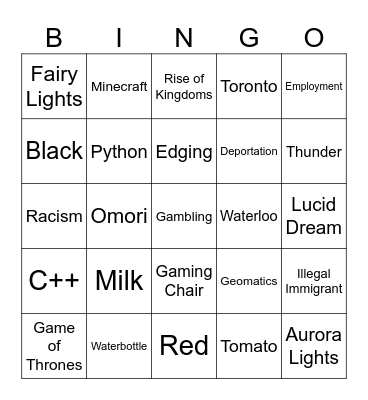 inf craf Bingo Card
