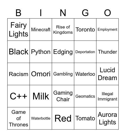 inf craf Bingo Card
