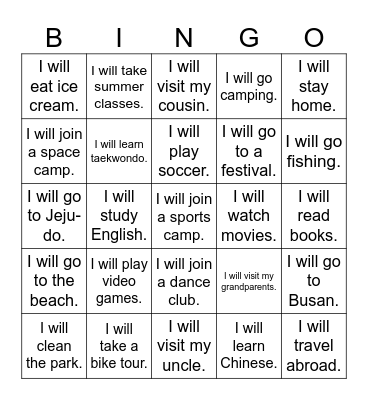 This summer I will... Bingo Card