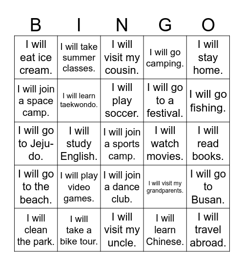 This summer I will... Bingo Card