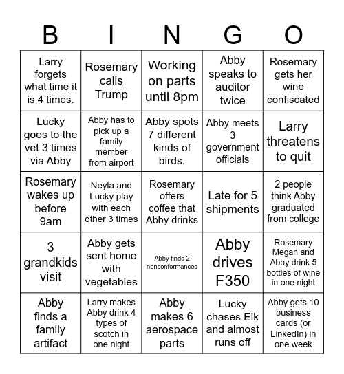 Abby Hobart Internship Summer Bingo Card