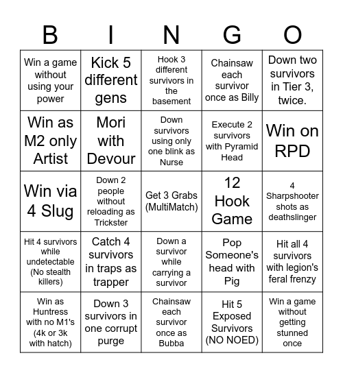 DBD Lockout Killer Bingo Card