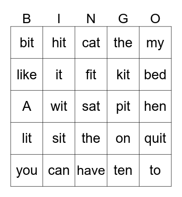 "it" word family and sight words Bingo Card