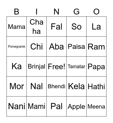 Hindi with English Bingo Card