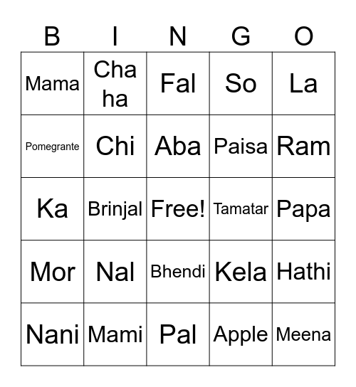 Hindi with English Bingo Card