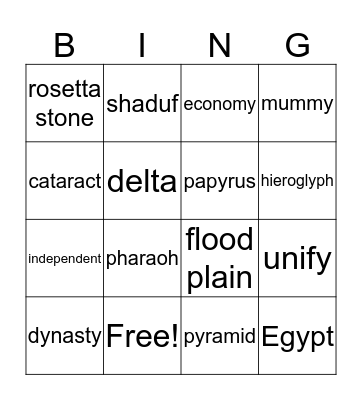 Egypt Vocabulary Bingo Card