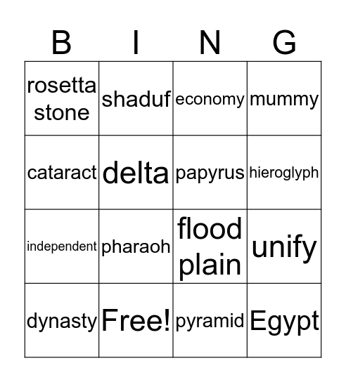 Egypt Vocabulary Bingo Card