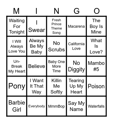 90's Music Blackout! Bingo Card