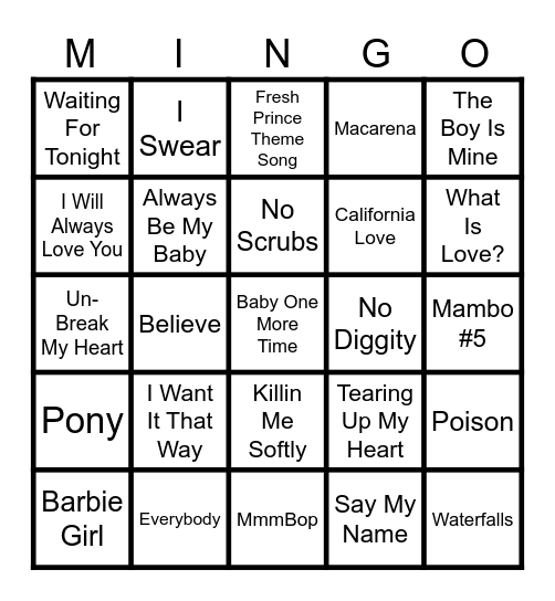 90's Music Blackout! Bingo Card