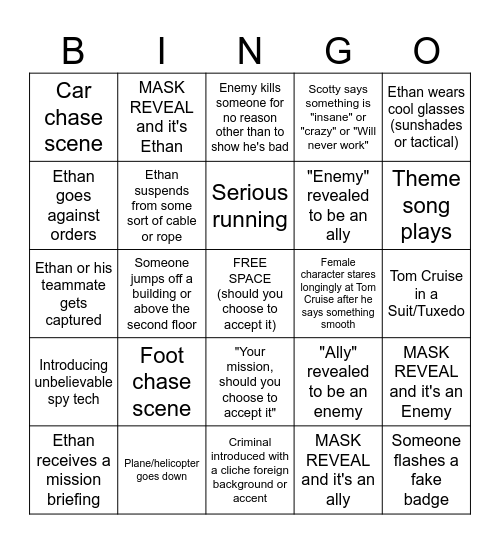 Mission Impossible Bingo Card