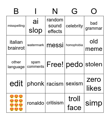 youtube shorts Bingo Card