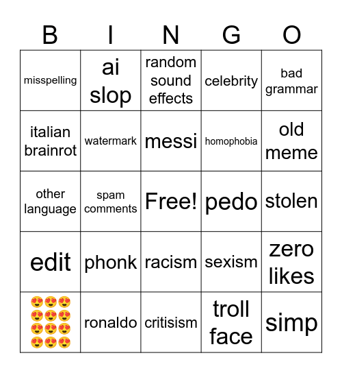 youtube shorts Bingo Card