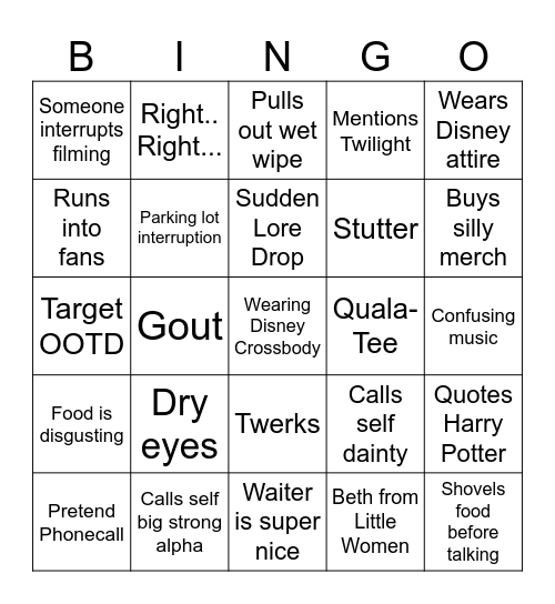 Timmy's Takeout Bingo Card