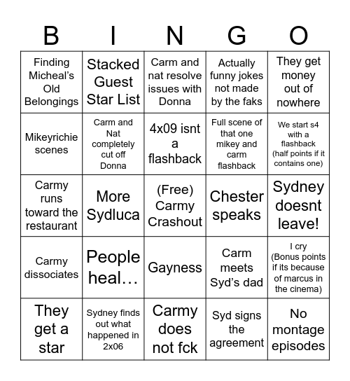 The Bear Season 4 Bingo Card