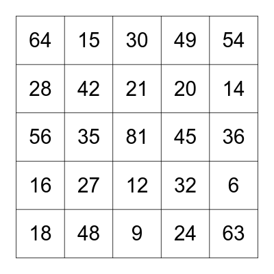 FOUR IN A ROW MULTIPLICATION Bingo Card