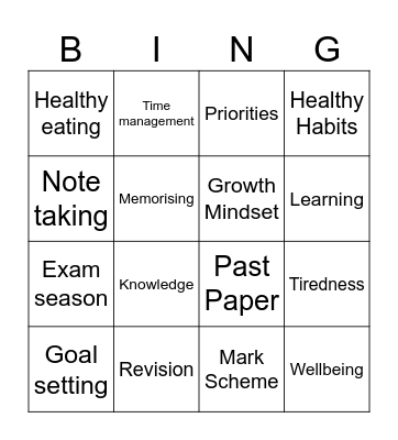 Study Skills Bingo Card