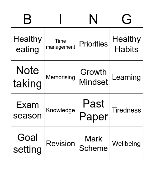 Study Skills Bingo Card