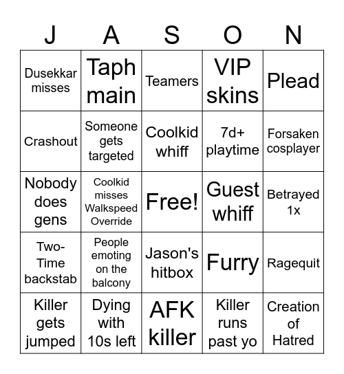 Forsaken Bingo Card