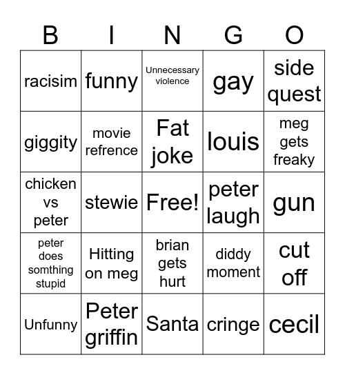 Family guy bingo Card
