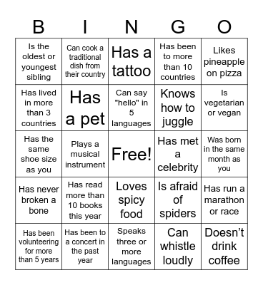 human bingo Card