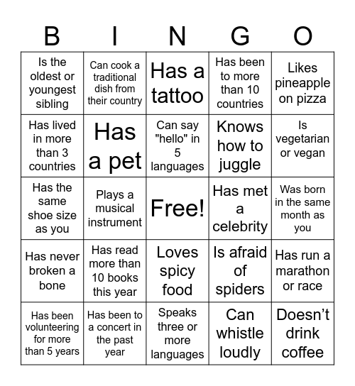 human bingo Card