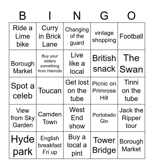 LONDON Bingo Card