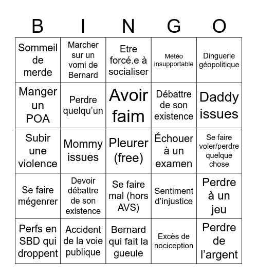 Journée de merde : édition Andrea Bingo Card