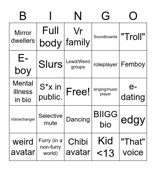 Vrchat Bingo Card